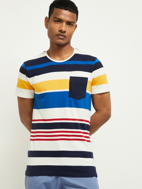 

max Men White Navy Blue Striped Round Neck Pure Cotton T-shirt