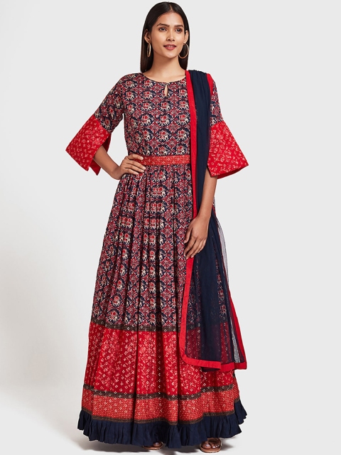 

Neerus Women Navy Blue & Red Printed Silk Maxi Dress WIth Dupatta