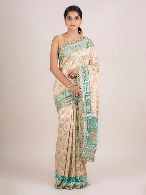 

Pothys Cream-Coloured & Blue Pure Georgette Woven Design Saree