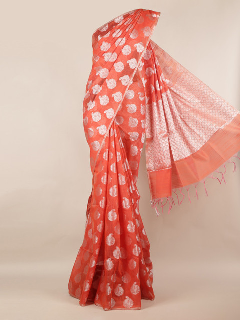 

Pothys Orange & Silver-Coloured Cotton Blend Woven Design Saree
