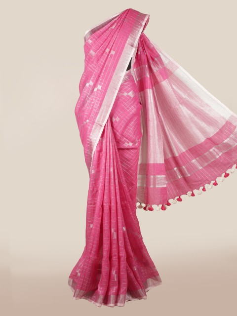 

Pothys Pink & Silver-Toned Linen Blend Checked Saree