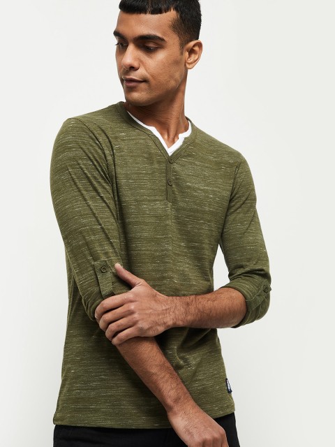 

max Men Olive Green Self Design Henley Neck T-shirt