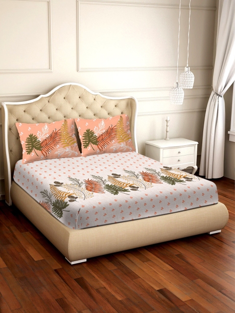 

BELLA CASA White & Peach-Coloured Floral 300 TC Cotton 1 King Bedsheet with 2 Pillow Covers