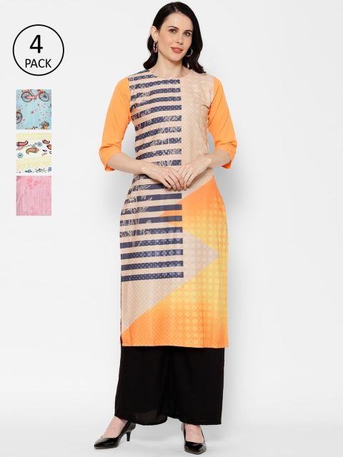 

7Threads Multicoloured Pack of 4 Geometric Printed Crepe Kurta, Multi