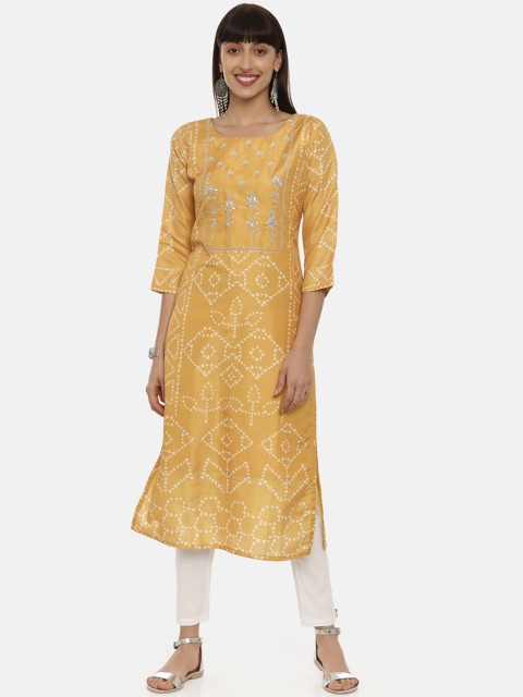 

Neerus Mustard Bandhani Printed Thread Work Silk Kurta