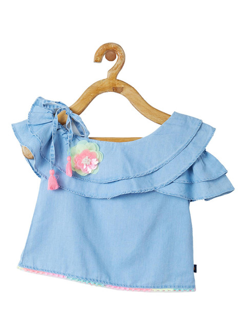 

VITAMINS Girls Blue Flared Sleeves Applique Pure Cotton Top