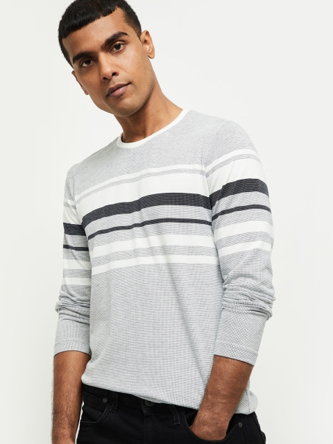 

max Men White & Grey Striped Slim Fit V-Neck T-shirt