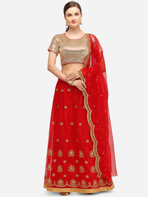 

Florence Red & Gold-Toned Solid Semi-Stitched Lehenga & Unstitched Blouse with Dupatta