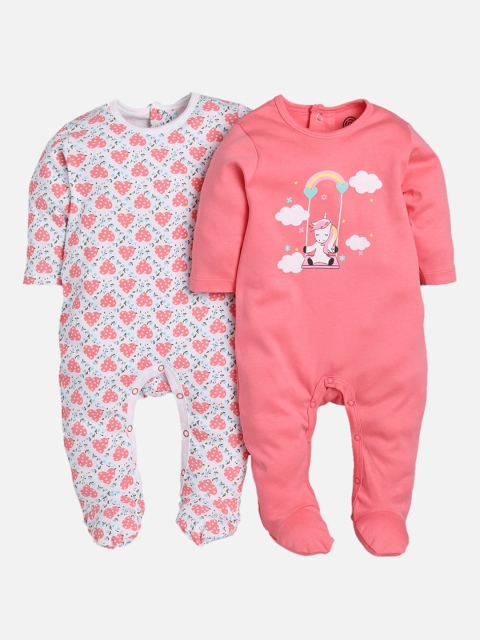 TAMBOURINE Infant Girls Pack of 2 Printed Pure Cotton Sleepsuits, Pink