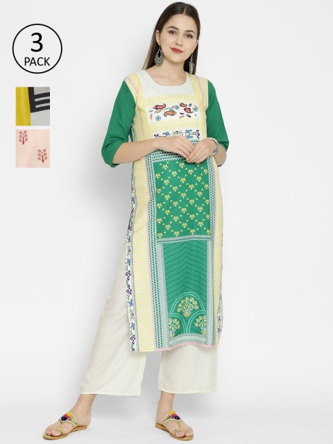 

7Threads Women Multicoloured Ethnic Motifs Printed Crepe Kurta Pack of 3, Multi