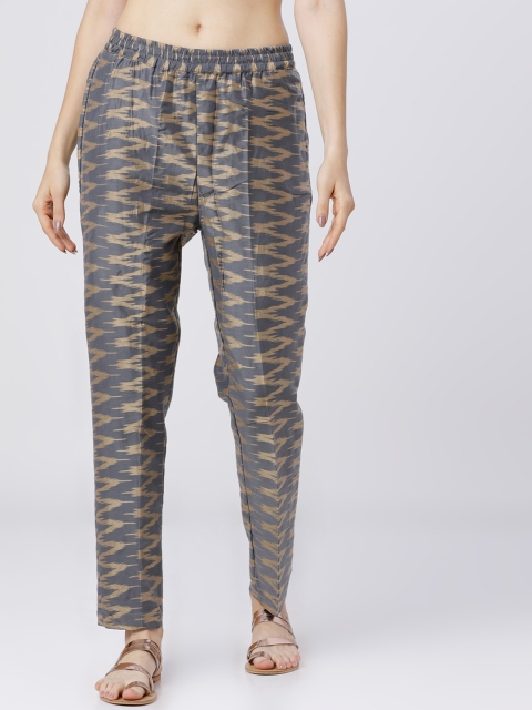 Vishudh Women Grey & Gold-Toned Regular Fit Printed Trousers