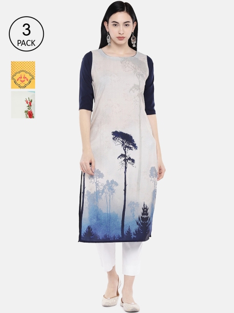 

7Threads Women Multicoloured Floral Printed Crepe Kurta Pack of 3, Multi