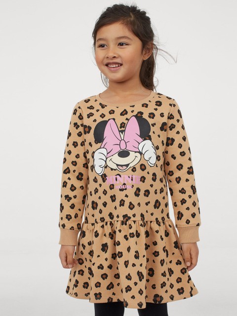 

H&M Girls Cotton Beige & Black Minnie Printed Sweatshirt Dress