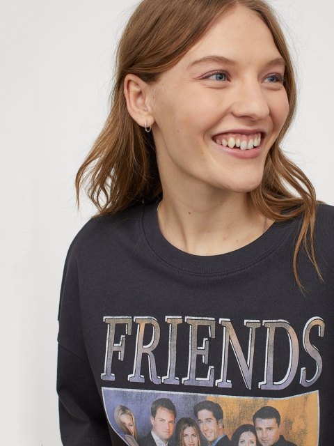 

H&M Women Black FRIENDS Oversized Printed T-shirt