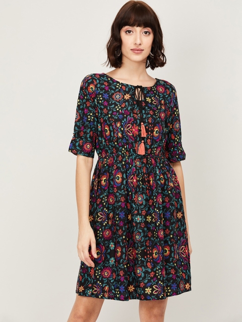 

Colour Me by Melange Women Black & Pink Floral Printed Fit and Flare Dress