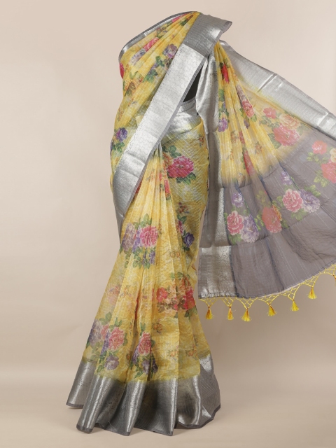 

Pothys Yellow & Red Tissue Floral Printed Saree