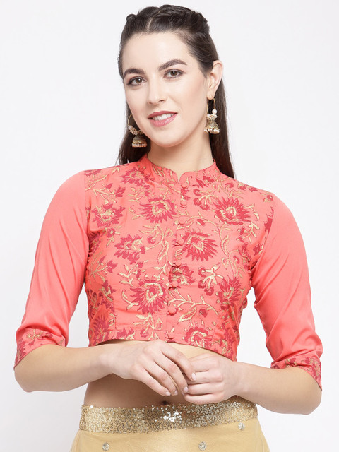 

studio rasa Coral Pink Floral Printed Mandarin Collar Crepe Crop Top