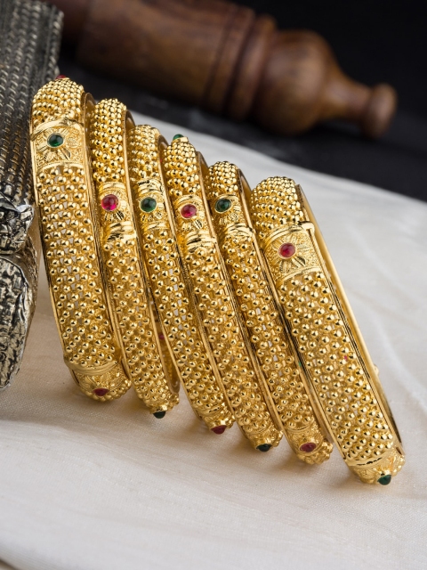 

Alankruthi Set Of 6 Gold-Plated Pink & Green Stone-Studded Handcrafted Bangles