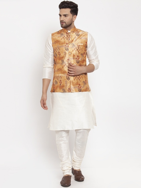 

GRACIT Men Off-White & Gold-Toned Solid Kurta with Churidar & Nehru Jacket