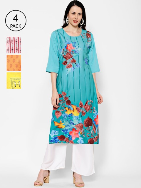 

7Threads Pack of 4 Printed Crepe Straight Kurtas, Blue