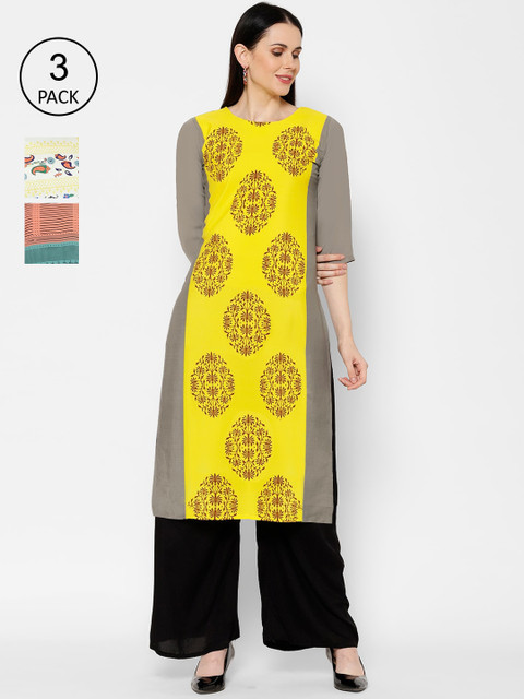 

7Threads Multicoloured Pack of 3 Ethnic Motifs Printed Keyhole Neck Crepe Kurta, Multi