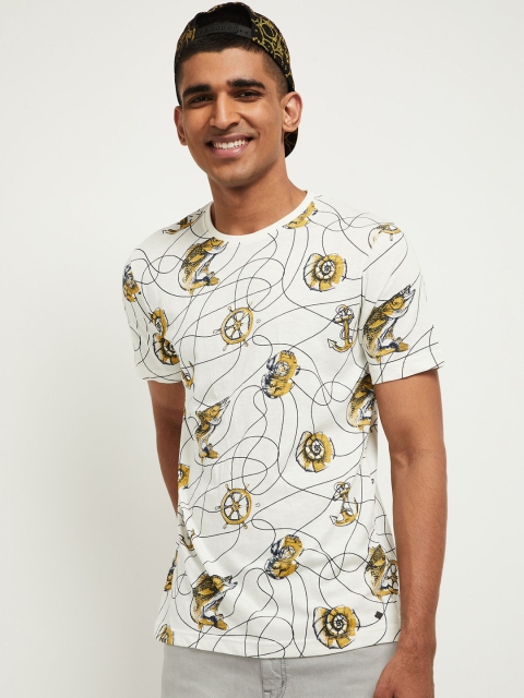 

max Men White Printed Round Neck Pure Cotton T-shirt