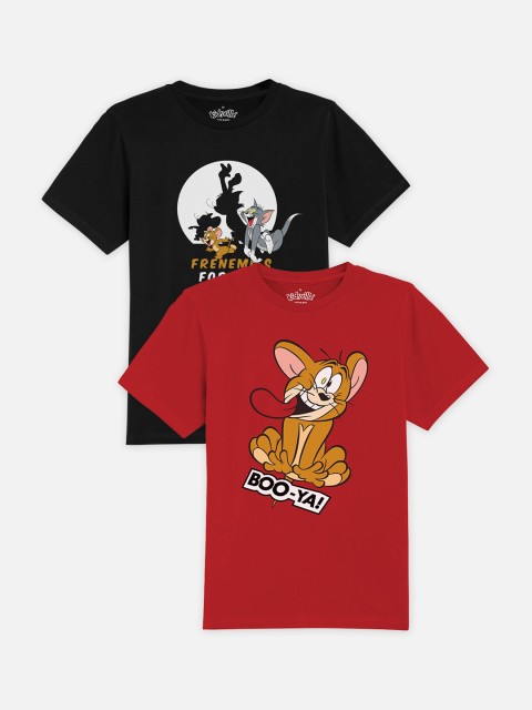 

Kids Ville Boys Pack Of 2 Tom Jerry Printed Round Neck Pure Cotton T-shirts, Red