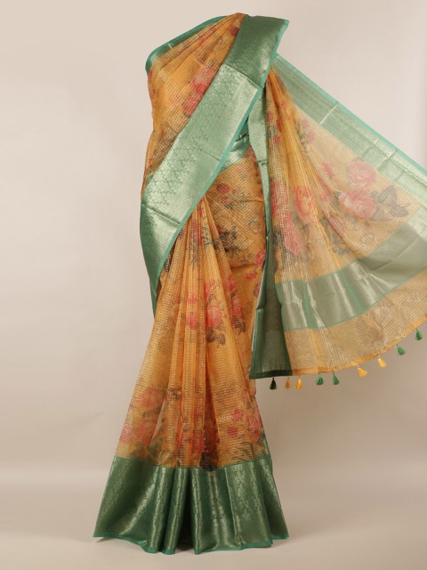 

Pothys Mustard Yellow & Green Tissue Printed Saree