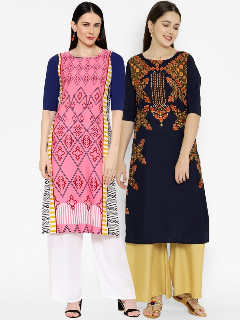 

7Threads Multicoloured Pack of 2 Geometric Printed Crepe Kurta, Multi