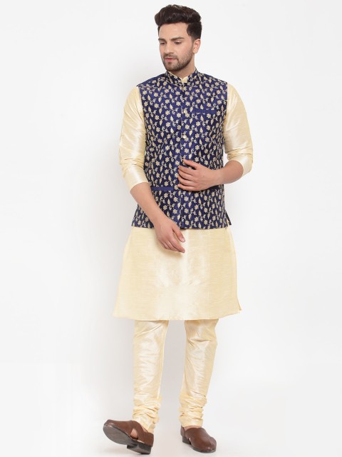 

GRACIT Men Cream-Coloured & Navy Blue Solid Kurta with Churidar & Nehru Jacket