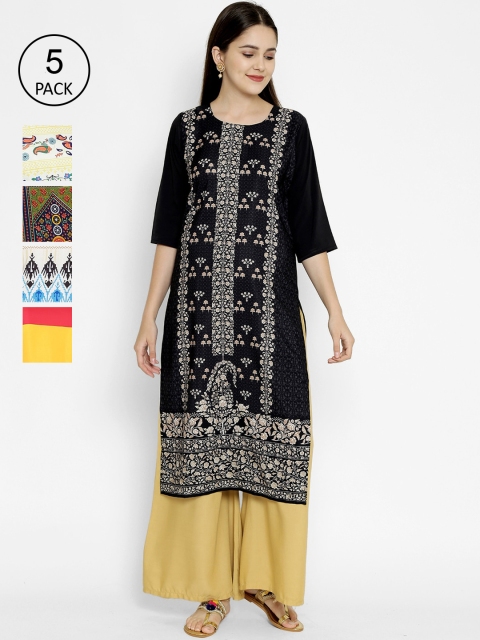 

7Threads Pack Of 5 Printed Crepe Round Neck Regular Sleeves Kurtas, Black