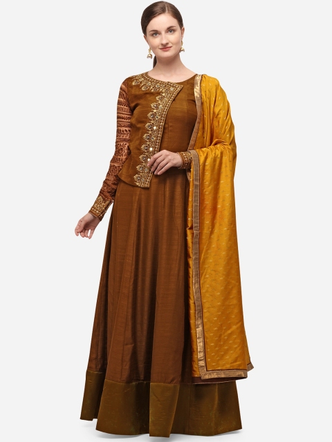 

NAKKASHI Brown & Mustard Satin Semi-Stitched Dress Material
