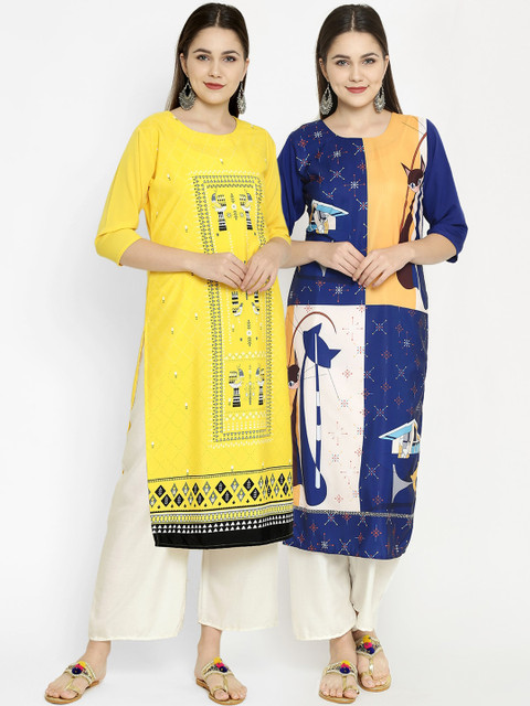 

7Threads Pack Of 2 Printed Crepe Kurta, Yellow