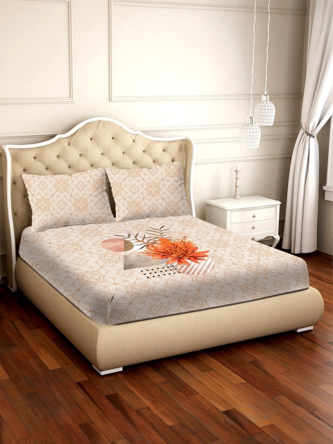

BELLA CASA Beige & Orange Floral 300 TC Cotton 1 King Bedsheet with 2 Pillow Covers
