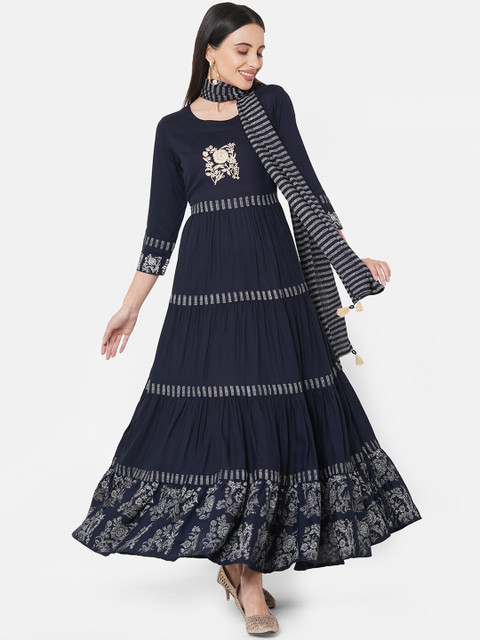 

FASHOR Women Navy Blue Printed Maxi Dress
