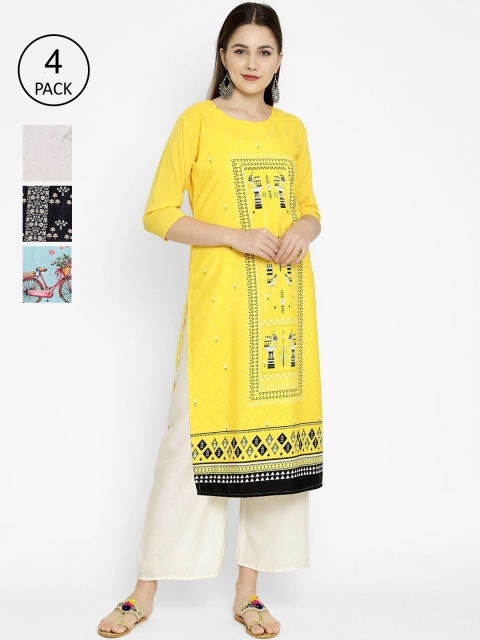 

7Threads Pack of 4 Printed Crepe Straight Kurtas, Yellow