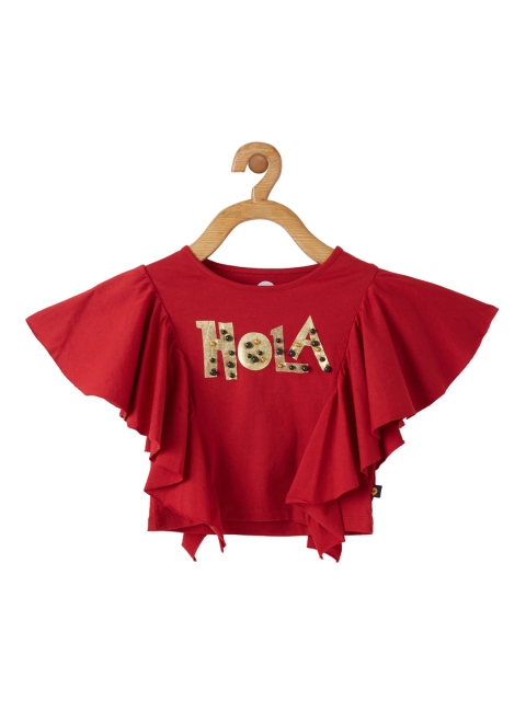

VITAMINS Red Embellished Batwing Sleeves Pure Cotton Top