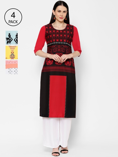 

7Threads Pack Of 4 Printed Crepe Round Neck Regular Sleeves Kurtas, Red
