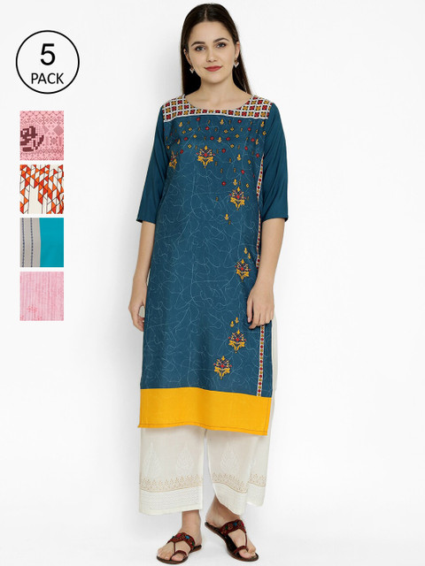 

7Threads Pack of 5 Printed Crepe Straight Kurtas, Blue