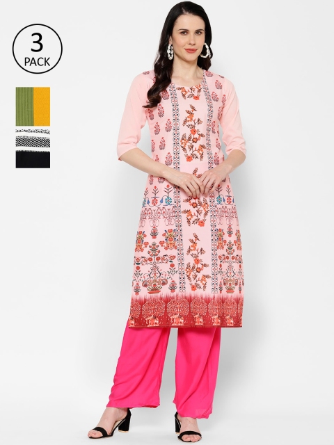 

7Threads Women Pack Of 3 Printed Crepe Kurta, Pink