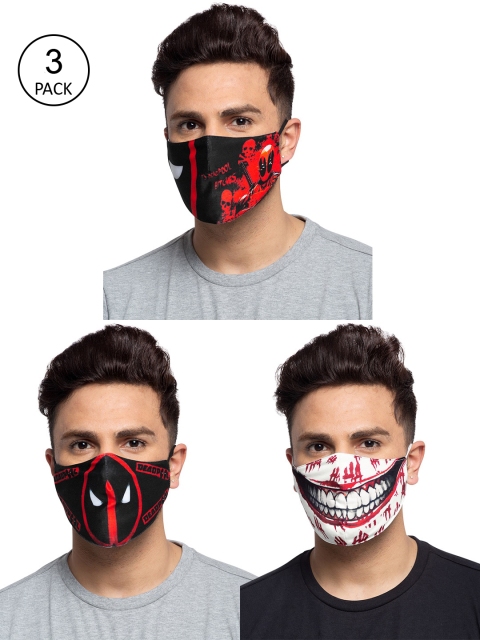 

TREEMODA Men Pack Of 3 Multicoloured Printed 3-Ply Reusable Cloth Masks, Black