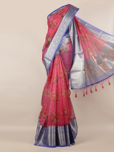 

Pothys Pink & Silver-Toned Tissue Printed Saree