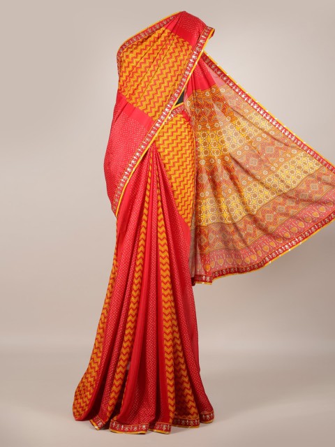 

Pothys Coral Red & Yellow Poly Georgette Printed Saree