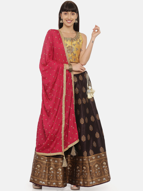 

Neerus Mustard & Pink Embellished Semi-Stitched Lehenga & Ready to Wear Blouse with Dupatta