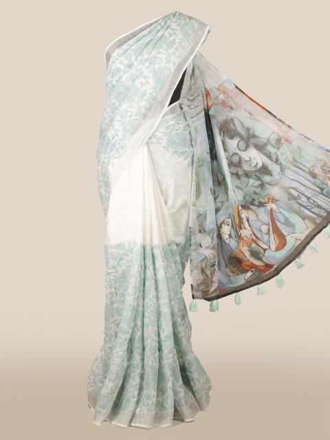 

Pothys Blue & White Linen Blend Floral Printed Saree