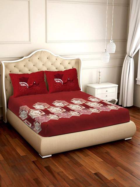 

BELLA CASA Red & White Floral 300 TC Cotton 1 King Bedsheet with 2 Pillow Covers