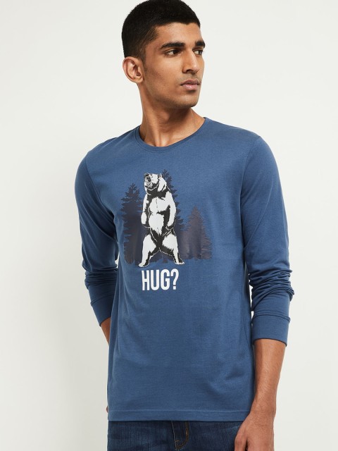 

max Men Blue Printed Round Neck Cotton Pure Cotton T-shirt