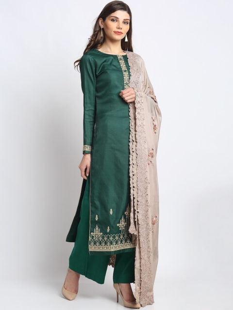 Stylee LIFESTYLE Green & Beige Tussar Silk Unstitched Dress Material