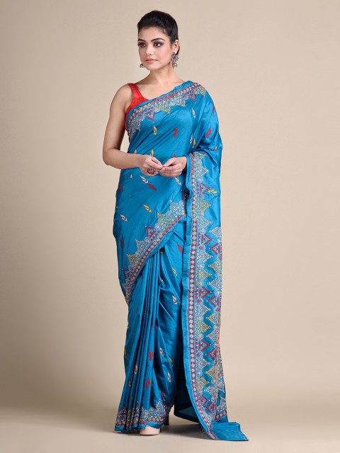 

Mitera Blue & Red Pure Silk Handloom Kantha Stitch Saree