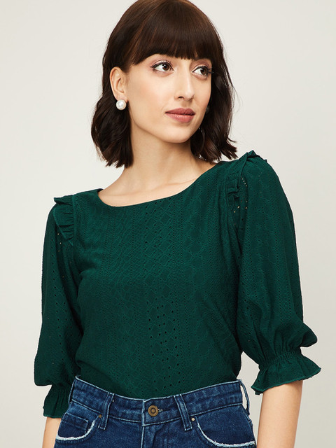 

CODE by Lifestyle Green Self Design Puff Sleeves Top